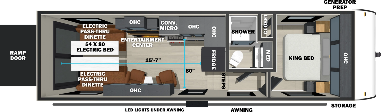 The Stealth 2710 floorplan is a toy hauler that has one entry and zero slide outs. Exterior features include: fiberglass exterior. Interiors features include: front bedroom.